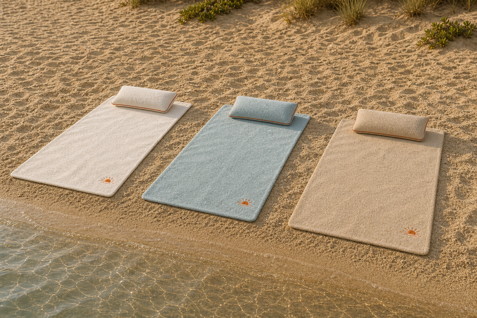 Three Sun Soaker colorways laid side by side by the water